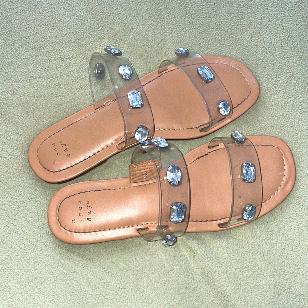 Clear gemstone double-strap sandals